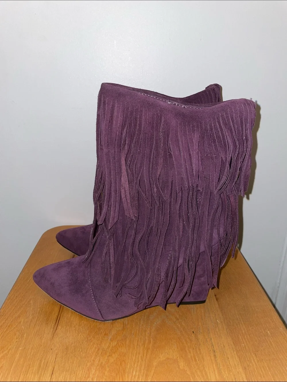 Lilliana Tesla-1 Fringe Wedge Booties - Plum Purple - New in Box Size 8